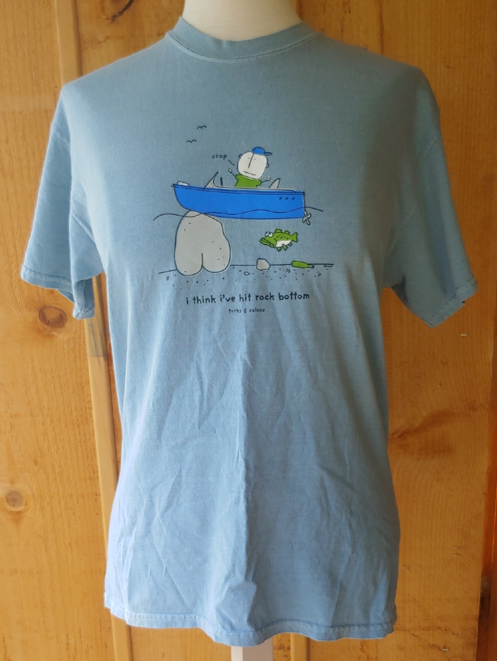 Blue 84 Light Blue Crewneck Tee Shirt Fishing Cartoon